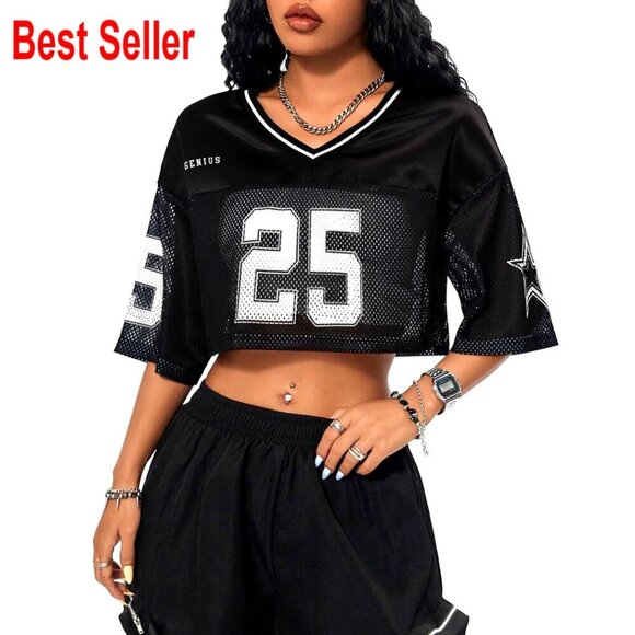 Tops - Y2K Graphic Number Tee V Neck Mesh Crop Top Baggy Streetwear Jersey Shirt